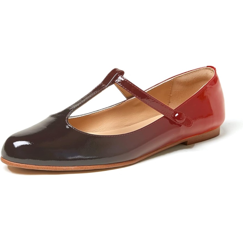 Patent Leather Two-Toned Round Closed Toe Cutout T-Strap Flat Slip On Mary Jane